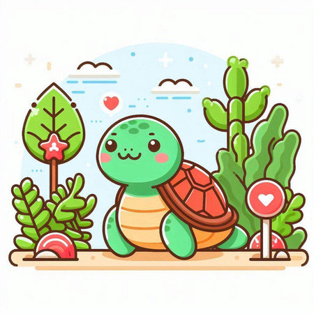 Cute turtle on the background of the nature. Vector illustration.のイラスト素材