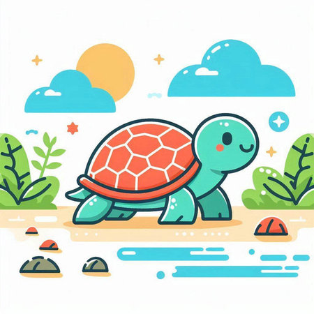 Cute cartoon turtle on the beach. Colorful vector illustration.のイラスト素材