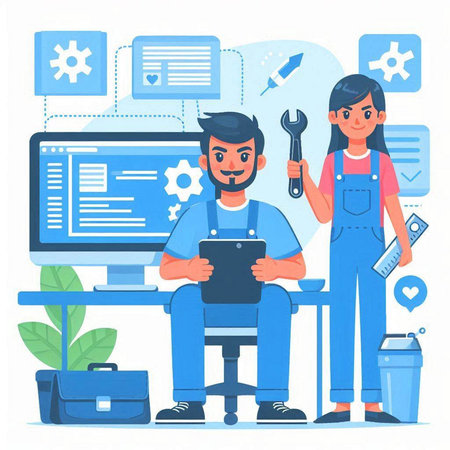 Technical support concept. Man and woman working with computer. Vector illustrationのイラスト素材