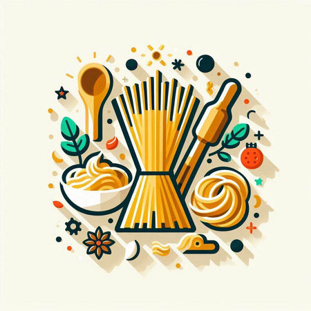 Spaghetti, pasta, sauce, spices, olive oil. Vector illustration.のイラスト素材