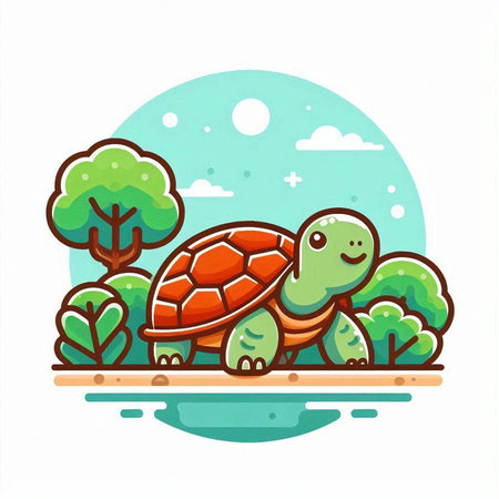 Cute cartoon turtle on the nature background. Vector illustration in flat style.のイラスト素材