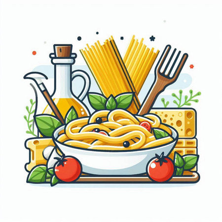 Spaghetti with tomato sauce and basil in a bowl. Vector illustration.のイラスト素材