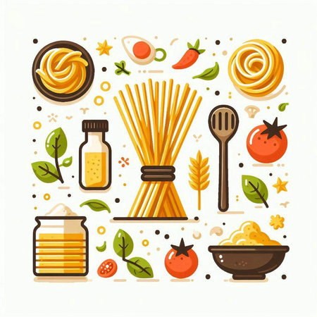 Spaghetti and pasta icons set in flat style. Vector illustration.のイラスト素材