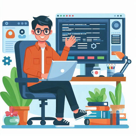Programmer at work. Vector illustration in flat style. Man working on computer.のイラスト素材