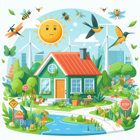 Vector illustration of a small house on the background of green nature.のイラスト素材
