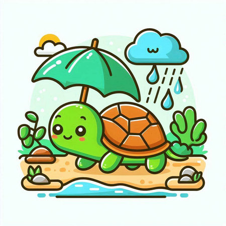 Cute turtle with umbrella on the beach. Vector cartoon illustration.のイラスト素材