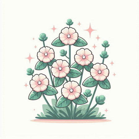 Illustration of a beautiful pink flower on a white background with starsのイラスト素材