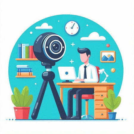 Vector illustration in flat style. Video camera on a tripod and a man sitting at the table.のイラスト素材