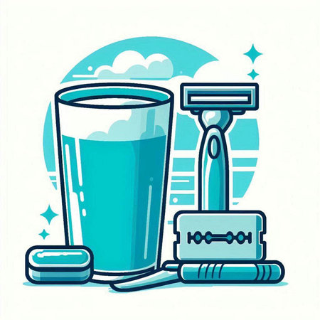 Healthy lifestyle concept. Vector illustration of a glass of water, razor and shaving foam.のイラスト素材
