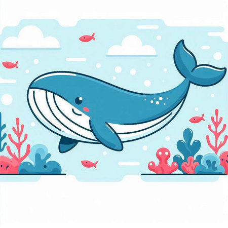 Cute cartoon whale in the sea with corals. Vector illustrationのイラスト素材