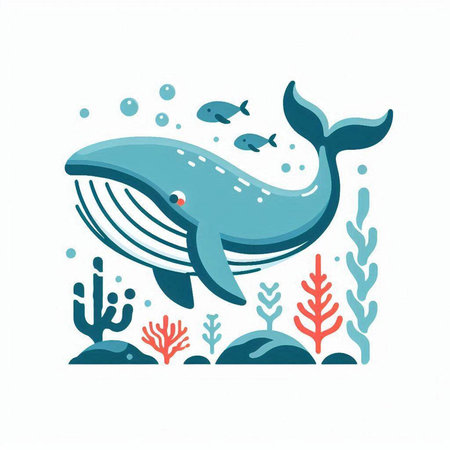 Hand drawn vector illustration of a cute blue whale and corals.のイラスト素材