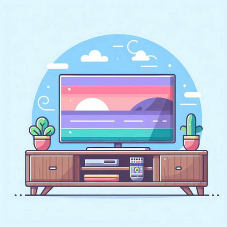 TV on the table in the living room. Flat vector illustration.のイラスト素材
