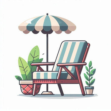 Beach chair with umbrella. Vector illustration in flat cartoon style.のイラスト素材