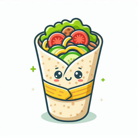 Tortilla wrap isolated on white background. Cute fast food character. Vector illustration.のイラスト素材