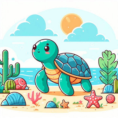 Cute cartoon turtle on the seashore. Vector illustration.のイラスト素材