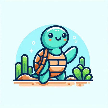 Cute little turtle swimming in the sea, flat vector illustration.のイラスト素材