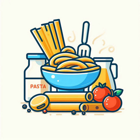 Illustration of a bowl of spaghetti with ingredients for cooking. Vector illustrationのイラスト素材