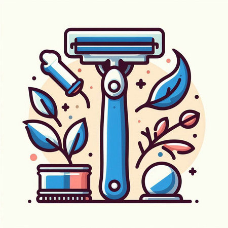 Vector illustration of razor and accessories for shaving. Flat line art style.のイラスト素材
