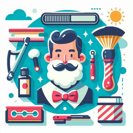 Barber shop flat vector illustration. Man hairdresser with tools and accessories.のイラスト素材