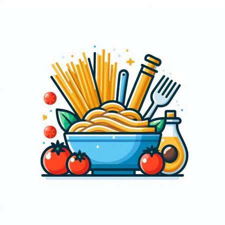 Illustration of pasta with tomato sauce and fork on white background.のイラスト素材
