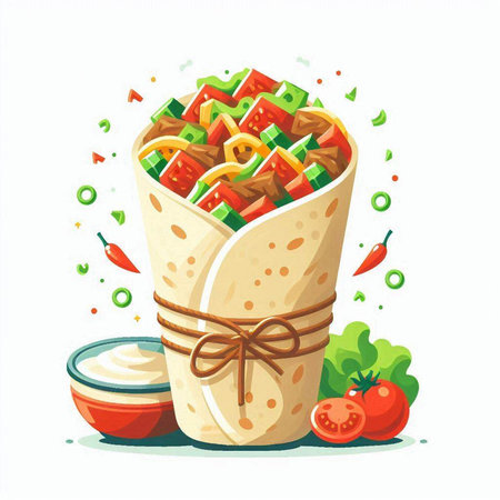 Tortilla wrap with meat, vegetables and sauce. Vector illustration.のイラスト素材