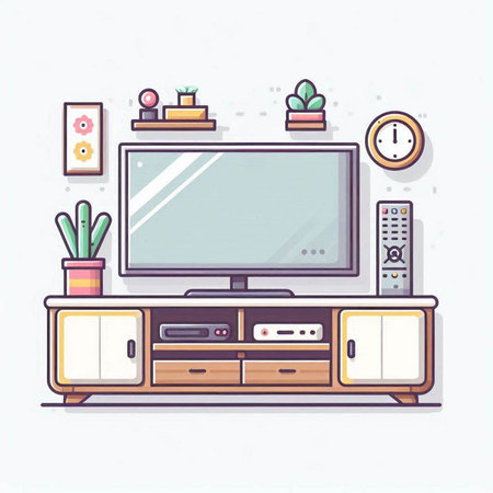 TV on the cabinet in the living room. Flat design vector illustration.のイラスト素材