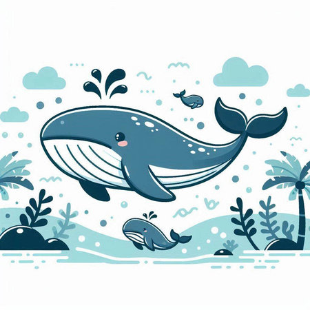 Cute cartoon whale in the sea. Vector illustration of a whale.のイラスト素材