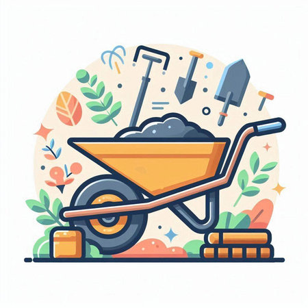 Wheelbarrow with soil, shovel and rake. Vector illustration.のイラスト素材