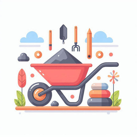 Wheelbarrow with soil, shovel, rake and other tools. Gardening concept. Vector illustrationのイラスト素材