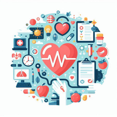 Vector flat illustration of heart disease treatment. Health care and medicine concept.のイラスト素材