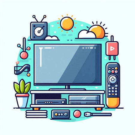 Modern flat design illustration concept of home entertainment. TV, remote control, tv and other things.のイラスト素材
