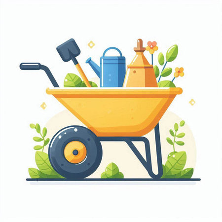 Garden wheelbarrow with tools and plants. Vector illustration.のイラスト素材