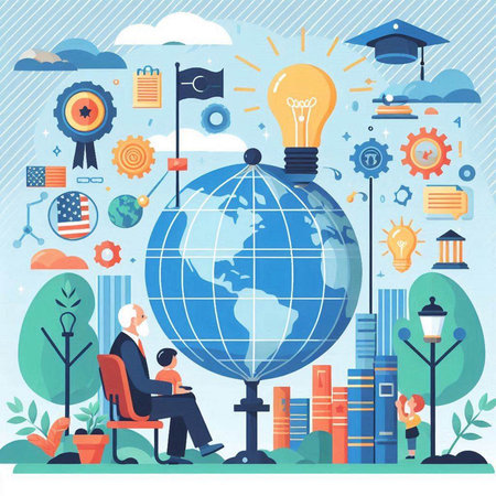 Education concept. Vector illustration in flat design style. Businessman sitting on the chair near the globe.のイラスト素材