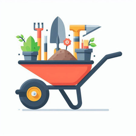 Gardening tools in wheelbarrow. Vector illustration in flat styleのイラスト素材