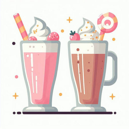 Milkshakes with whipped cream, strawberry and chocolate. Vector illustration.のイラスト素材