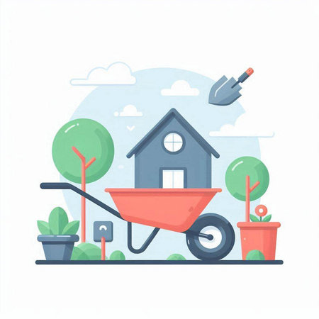 House with wheelbarrow and garden tools. Flat vector illustration.のイラスト素材