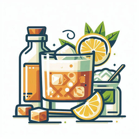 Alcoholic cocktail with ice, lemon and mint. Vector illustrationのイラスト素材