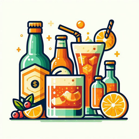 Alcoholic drinks with ice, orange, lemon and berries. Vector illustrationのイラスト素材
