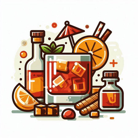 Cocktail in glass with ice cubes, rum, rum, rum, rum, rum, rum, lime, lemon, ice cubes and other ingredients. Vector illustration.のイラスト素材