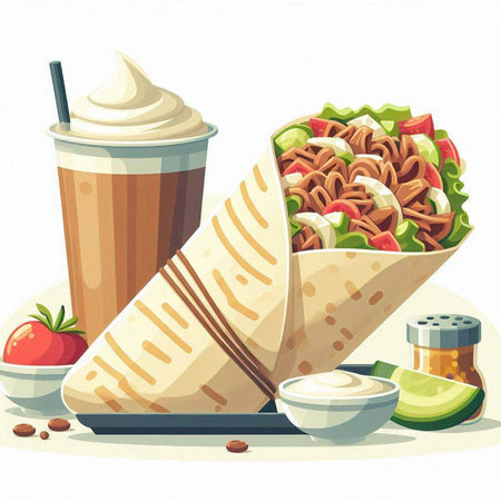 Illustration of a tortilla wrap with fresh vegetables, sauce and coffeeのイラスト素材