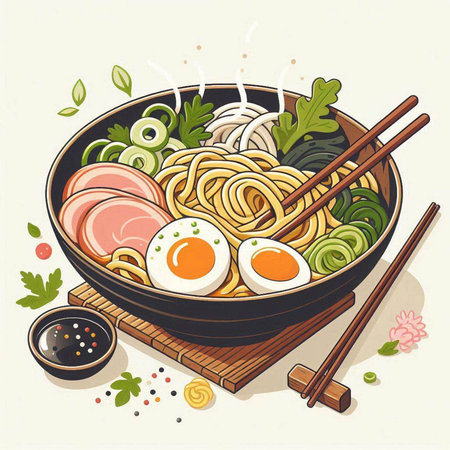 Japanese ramen noodle soup with egg and chopsticks. Vector illustration.のイラスト素材