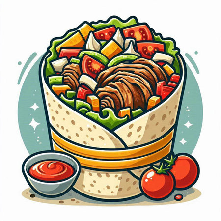 Tortilla wrap with meat, vegetables and sauce. Vector illustration.のイラスト素材