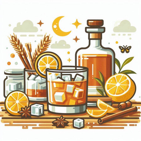 Cocktail with ice, lemon and cinnamon. Vector illustration.のイラスト素材