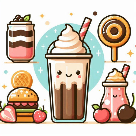 Cute cartoon milkshake and sweets on white background. Vector illustration.のイラスト素材