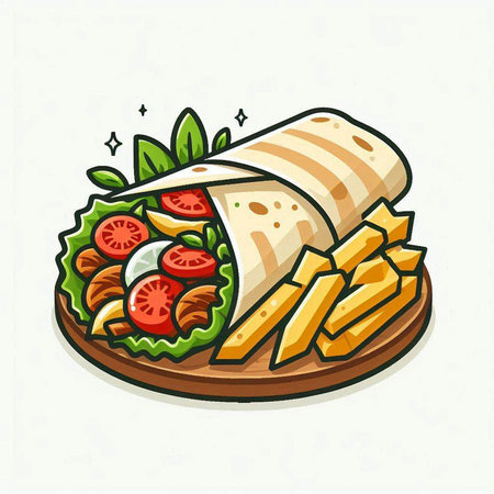 Tortilla wrap with chicken, tomato and french fries. Vector illustration.のイラスト素材