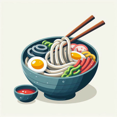 Bowl of noodle soup with chopsticks. Vector illustration.のイラスト素材
