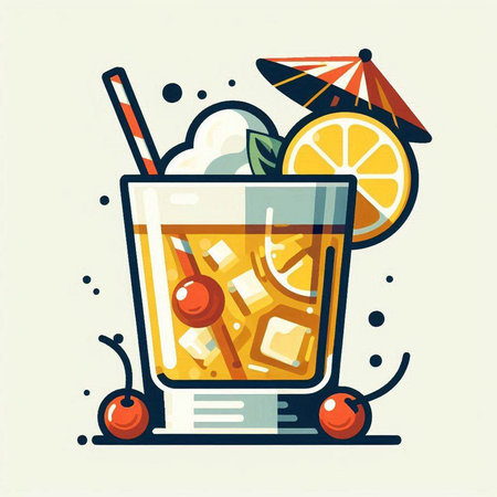 Cocktail with ice, cherry and lemon. Vector illustration.のイラスト素材