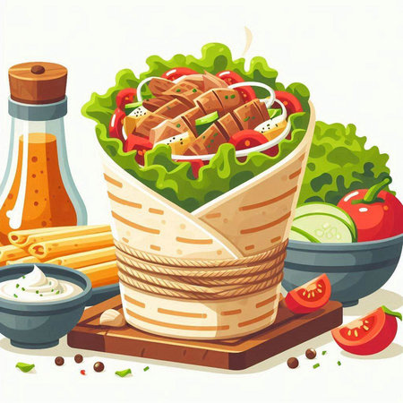 Illustration of a tortilla wrap with vegetables, sauce and spicesのイラスト素材