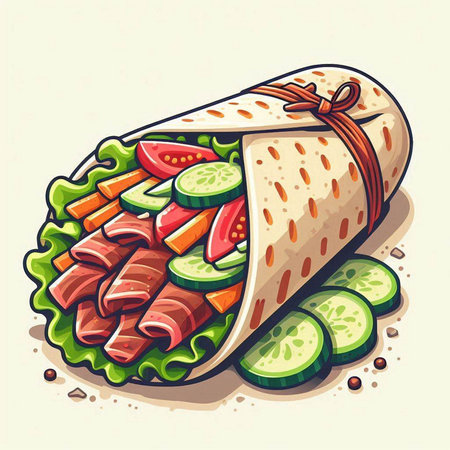 Tortilla wrap with meat, vegetables and spices. Vector illustration.のイラスト素材