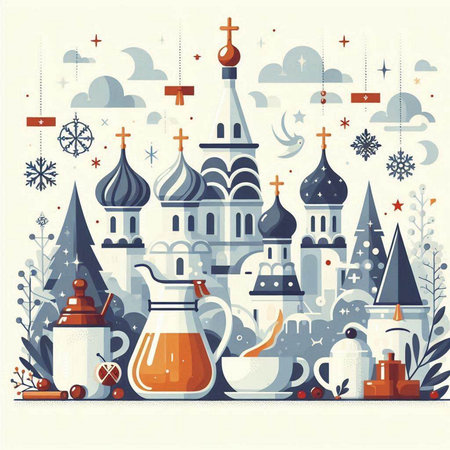 Christmas and New Year background with traditional symbols of Russia. Vector illustrationのイラスト素材